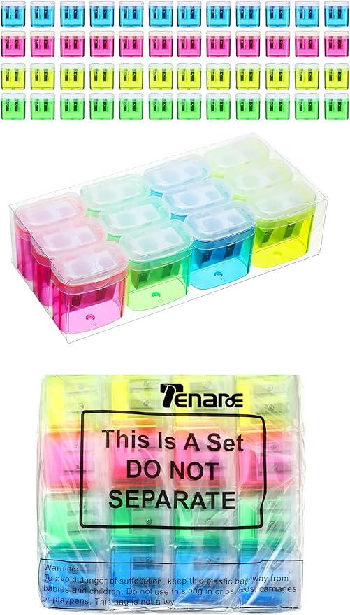 Tenare 48 Pieces Back to School Pencil Sharpeners Manual Double Hole Pencil Sharpener with Lid Hand for Home School Office, Handheld Plastic Crayon Grinder, Pink, Yellow, Green, Blue