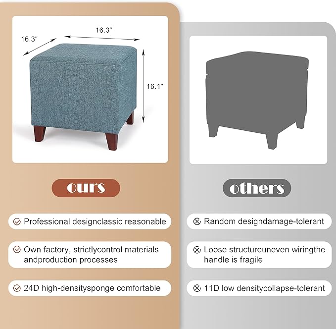 Edeco Square Footrest Ottoman Stool Seat with Linen Fabric and Non-Skid Wooden Legs, Blue