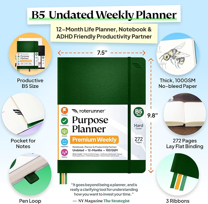Roterunner Purpose Planner Notebook B5 7.5”x9.8” 12 Month Undated 2026 Daily Weekly and Monthly Productivity Goal Setting Tool for Work Home ADHD Planner for Adults Self Care Journa (Green)