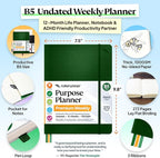 Roterunner Purpose Planner Notebook B5 7.5”x9.8” 12 Month Undated 2026 Daily Weekly and Monthly Productivity Goal Setting Tool for Work Home ADHD Planner for Adults Self Care Journa (Green)