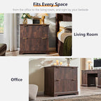 JXQTLINGMU 2 Drawer File Cabinet with Charging Station, 30" Fluted Lateral File Cabinet w/Files Hanging Rod for Letter/Legal/A4, Large Tabletop for Printer, Office Wood Printer Cabinets, Dark Walnut