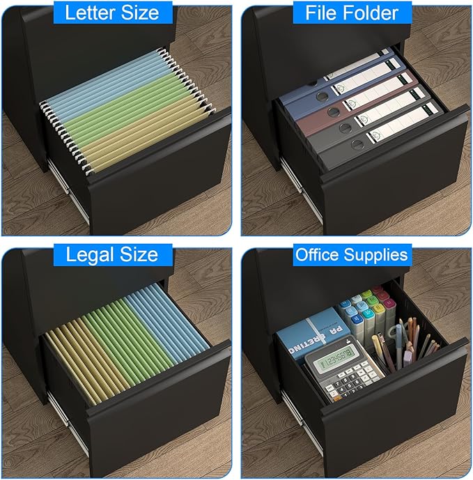 HOMOFFICE 2 Drawer File Cabinet with Lock, Metal Mobile Filing Cabinet on Wheels, Compact Desk Side Storage Cabinet for Home Office, Letter/Legal/A4 File Organizer with Anti-Tip Wheel (Black)