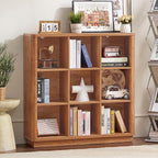 Joaxswe 9 Cube Storage Book Shelf, 41" Tall Organizer Bookshelf with Curved Edge, Wood Floor Standing 3-Tier Cubby Bookcase with Base, Country Rustic Display Book Case for Library, Office, Brown
