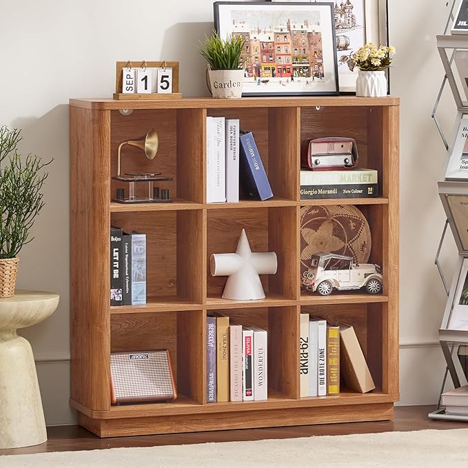 Joaxswe 9 Cube Storage Book Shelf, 41" Tall Organizer Bookshelf with Curved Edge, Wood Floor Standing 3-Tier Cubby Bookcase with Base, Country Rustic Display Book Case for Library, Office, Brown
