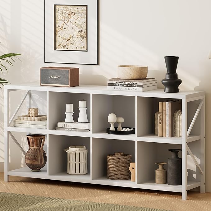 VAKATRELL 8 Cube Storage Organizer Bookshelf, Industrial Horizontal Bookcase, Accent Cubby Shelf, Media Console Table for Living Room, Home Office, 13.6" D x 63" W x 30.9" H, White
