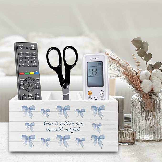 XPH Blue Coquette Bow Christian Pen Pencil Holder Organizer for Desk, Preppy Desk Decor, Christian Gifts for Women, Bible Verse Wooden Box Sign for Girly Room Bedroom Dorm Tabletop Decorations