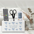 XPH Blue Coquette Bow Christian Pen Pencil Holder Organizer for Desk, Preppy Desk Decor, Christian Gifts for Women, Bible Verse Wooden Box Sign for Girly Room Bedroom Dorm Tabletop Decorations
