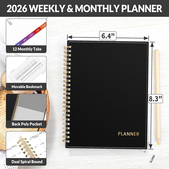 SUNEE 2026 Weekly and Monthly Planner - from January 2026 - December 2026, Daily Agenda Planner with Monthly Tab, Flexible Cover, Note Pages, Pockets, Bookmark, Spiral Binding, Black, 6.4" x 8.3"