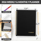 SUNEE 2026 Weekly and Monthly Planner - from January 2026 - December 2026, Daily Agenda Planner with Monthly Tab, Flexible Cover, Note Pages, Pockets, Bookmark, Spiral Binding, Black, 6.4" x 8.3"