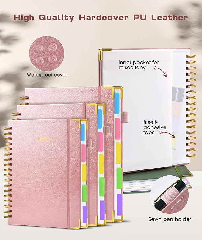 Hardcover Spiral Notebook 8.5"x11" Journal with Removable Dividers Tabs, 300 Pages Leather 5 Subject Notebook College Ruled, Large Notebooks for Work School, Lined Journal for Women, A4 Rose gold