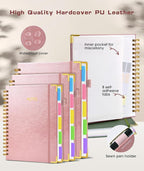 Hardcover Spiral Notebook journal with Removable Dividers Tabs, 300 Pages Leather 5 Subject Notebook College Ruled, 100GMS Notebooks for Work School Note taking,Lined Journal for Women,A5 Rose gold