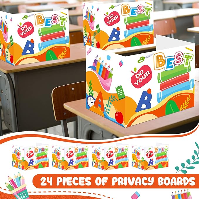 24 Pcs Privacy Boards for Student Desks Bright Colored Classroom Desk Divider Trifold Table Desk Privacy Panel Folders Screen Partition for School Teacher Student Study Test Home(Clock)