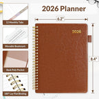 SUNEE 2026 Weekly & Monthly Planner 6.4"x8.5"- 12 Month (January 2026 - December 2026), Vegan Leather Cover, Pocket, Bookmark, Notes, Monthly Tab, Brown