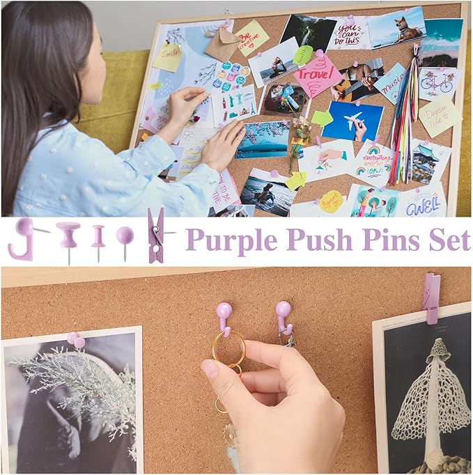 200 Pieces Push Pins Set, 5 Types Purple Thumb Tacks Cute Decorative Push Pins for Wall Cork Board Bulletin Boards with Storage Box