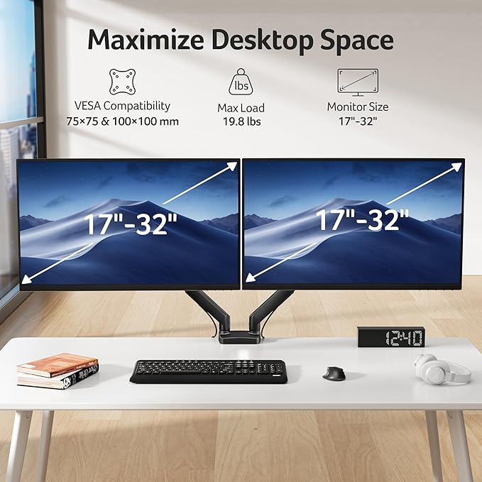 Acer Dual Monitor Arm, Computer Desk Arm with VESA Mounts for 17–32″ Screens, Fully Adjustable Gas Spring Monitor Stand, C-Clamp and Grommet Mounting Base, Fits 4.4 to 19.8lbs Computer Monitors