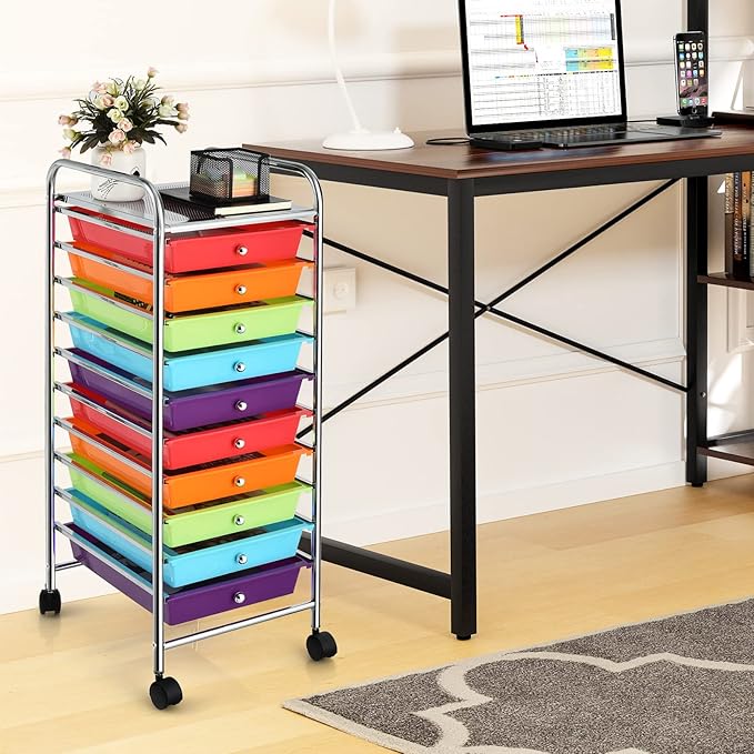 GLACER 10 Drawers Rolling Cart, Storage Cart with w/Removable Drawers & Steel Frame, Utility Mobile Trolley w/Universal Casters & 2 Brakes, Organizer Cart for Home, School, Office (Multicolor)
