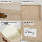 Roobyl 17" Large Collapsible Storage Bins with Lids, Stackable Closet Organizers with PU Handle and Labels, 3-Pack Decorative Fabric Storage Boxes for Home, Bedroom, Closet, Office, Nursery(Khaki)