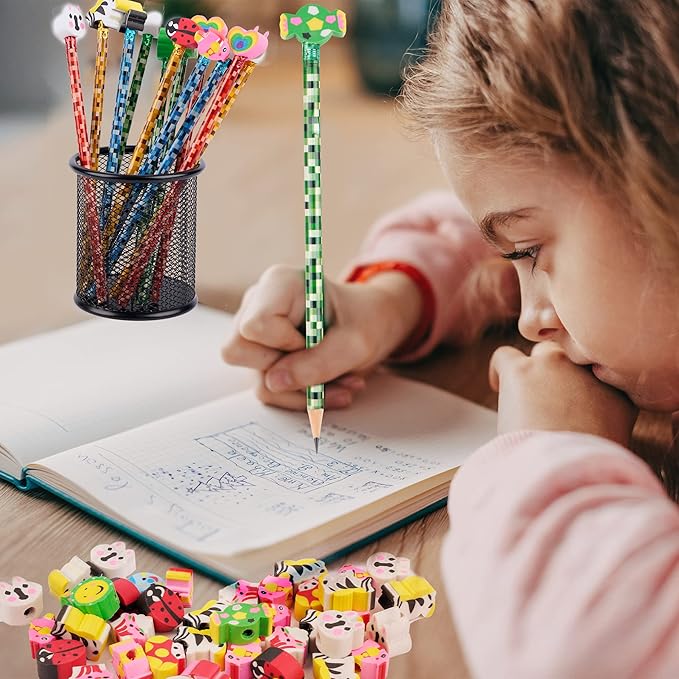 200 Pieces Cartoon Cute Animal Pencil Erasers Pencil Eraser Toppers Rabbit Zebra Mushroom Ladybug Pencils Caps for Students School Classroom Supplies