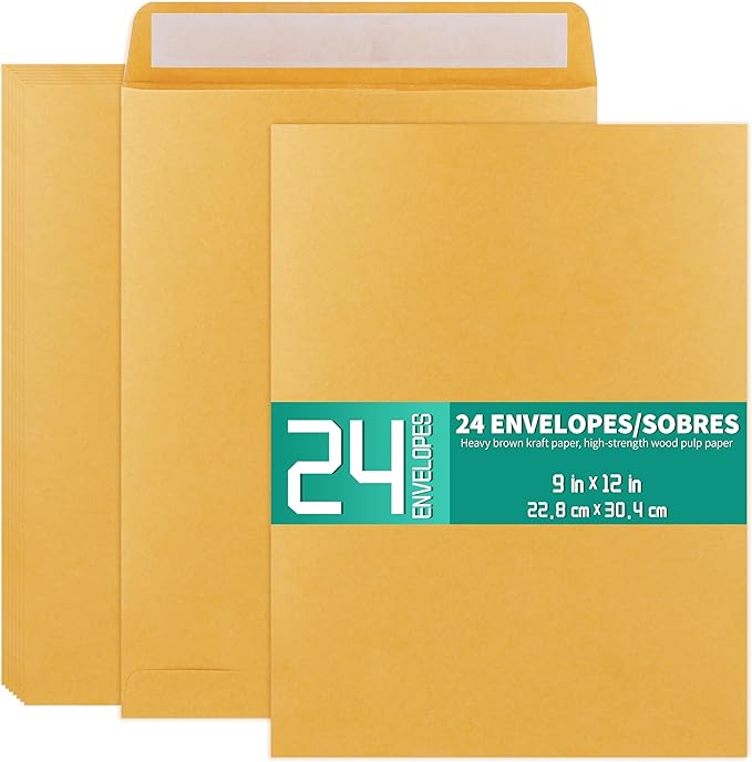 9x12 Catalog Mailing Envelopes - 24 Count, Self Seal Stay Flat Brown Kraft Envelopes, Heavy Duty Shipping Mailers for Documents, Photos & Letters, Peel & Seal Closure