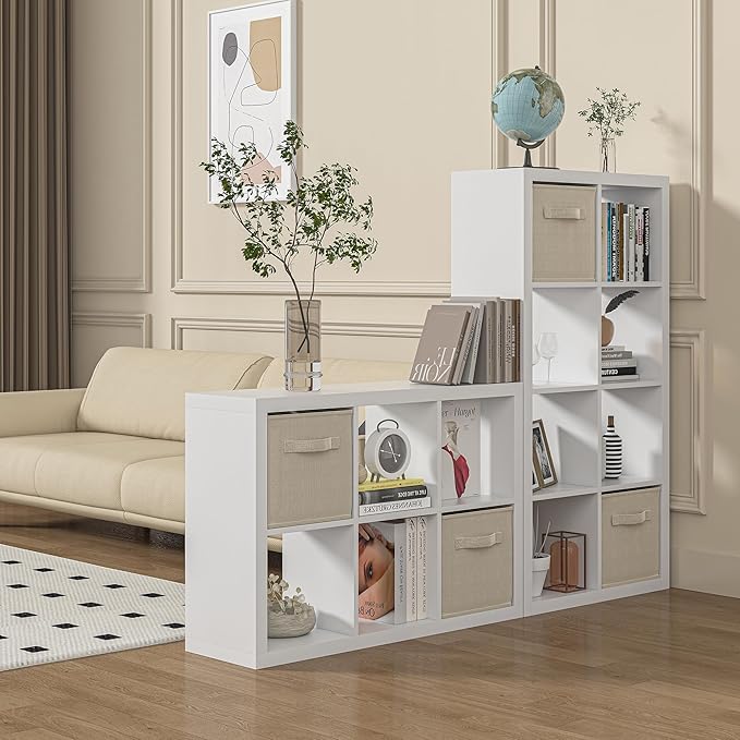 Bookshelf with Storage Bin, 6-Cube Storage Organizer, Modern Wood Open Bookcase, Multifunctional Display Cubicle Shelf for Living Room, Bedroom, Home Office, White