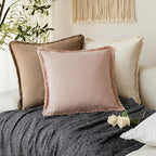 Foindtower Set of 2 Decorative Linen Fringe Throw Pillow Covers Boho Farmhouse Cushion Cover with Tassels Soft Accent Pillowcase for Couch Chair Sofa Bed Living Room Home Decor,18×18 Inch,Light Pink