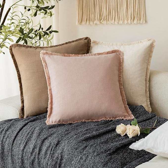 Foindtower Set of 2 Decorative Linen Fringe Lumbar Throw Pillow Covers Boho Farmhouse Cushion Cover with Tassels Soft Accent Pillowcase for Couch Sofa Bed Living Room Home Decor,12×20 Inch,Light Pink