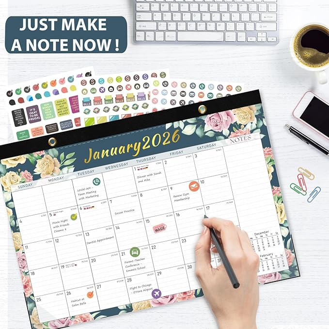 Desk Calendar 2026, Monthly Desktop Large Calendar (Jan 2026 - Jun 2027) 17" x 12" Desk Wall Planner for Family Teacher School Office Supplies, Vintage Floral