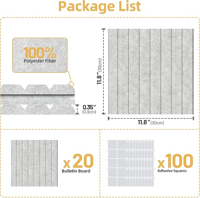 Large Cork Board for Wall 48" x 60" Gray Bulletin Board with Safe Removable Adhesive Squares for Pictures Photos, Alternative CorkBoard Felt Pin Boards Tiles for Office Classroom Wall Decor - 20 Pack