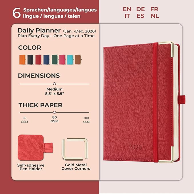 IN-luxpro Daily Planner 2026 with One Page Per Day,(A5-8.5" x 5.9"),12 Months Calendar Hourly Appointment Book Monthly Tabs & Self-adhesive Pen Holder,Inner Pocket, Vegan Leather Hardback,Red