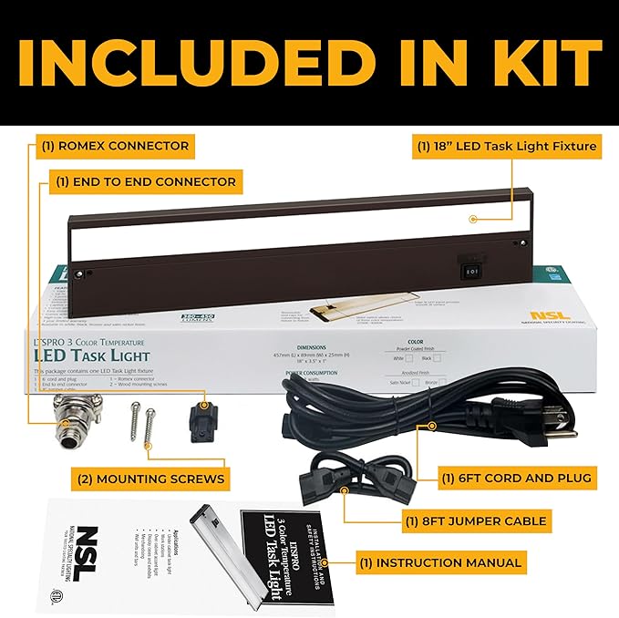 LED Under Cabinet Lighting Hardwired - 3CCT 18 Inch Bronze Finish - Undercabinet Lights for Kitchen - Linkable Undercounter Dimmable Plug in Light or Hard Wired - Under Counter Fixture Direct Wire