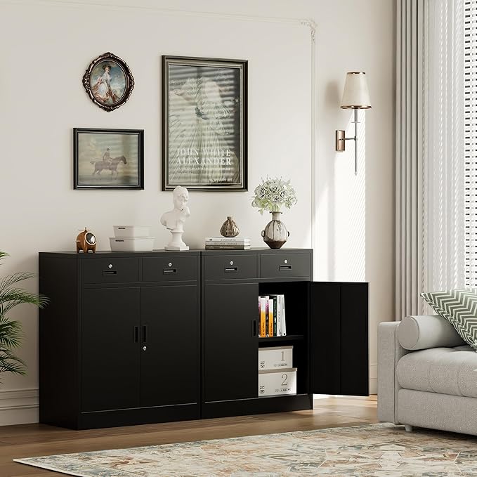 TaskStorz Metal Storage Cabinet, 36 Inch Tall Metal Garage Cabinet with 2 Doors and 2 Drawers, Lockable Cabinet with Adjustable Shelf, Pantry Cabinets for Home Office,Kitchen,Pantry,Garage,Warehouse