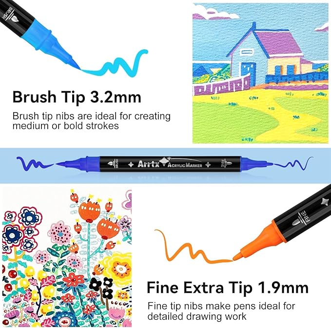 Arrtx Acrylic Pens Paint Markers 32 Colors, Dual Tip Acrylic Paint Markers with Brush Tip and Fine Tip, Art Supplies for Rock Painting, Wood, Ceramic, Fabric, Glass, DIY Crafts