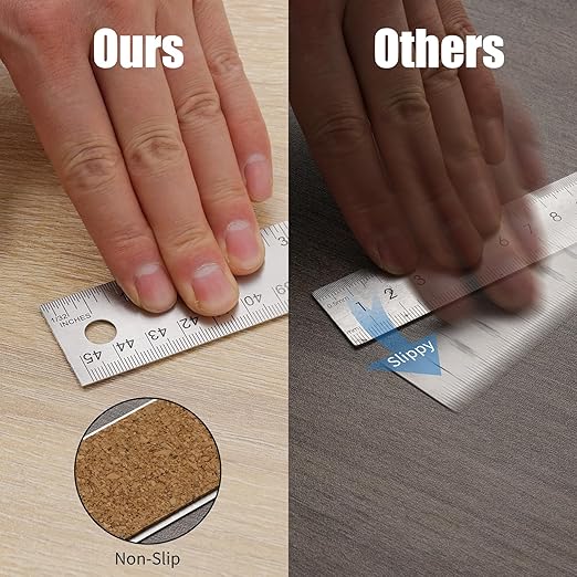 Metal Ruler with Cork Backing, 6+12+18 Inch Stainless Steel Rulers 6 Inch 12 Inch 18 inch Metal Ruler - Imperial and Metric - Non-Slip Prevent Ink Leakage - for School Office Engineering Tools