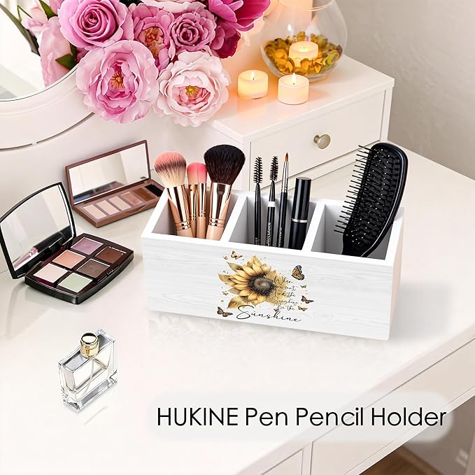 HUKINE Sunflower Inspirational Quotes Pen Holder for Desk Decoration, When You Can't Find the Sunshine Motivational Wooden Box Sign Pencil Holder Organizer for Home Office Desk Accessories