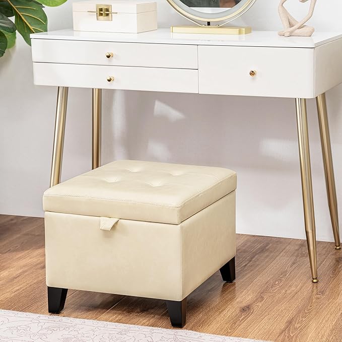 Asense 17 Inch Faux Leather Ottoman with Storage, Square Ottoman Footstool Upholstered Footrest for Couch Entryway Bedroom Living Room, Beige