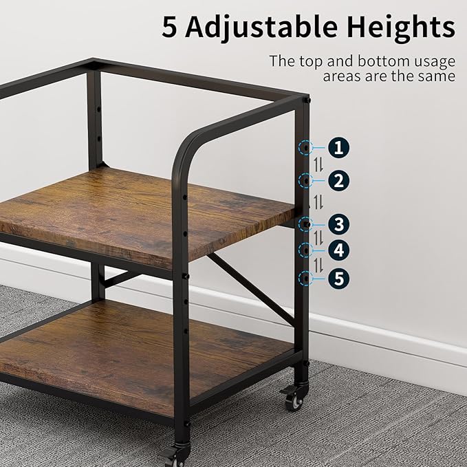 Vokumba 2 Tier Under Desk Printer Stand, Large Printer Table with Height Adjustable Shelf, Rolling Printer Cart with Industrial Wheels for Home Office, Scanner Fax (Rustic Brown)