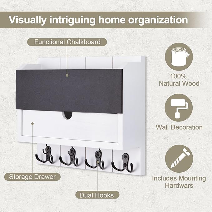 Lucundm Mail and Key Holder Wall Mount with Storage Drawer – Modern Wooden Mail Organizer for Wall Entryway, 7 Key Hooks & Chalkboard Panel – Stylish Home Decor for Apartments, Living Room, Office
