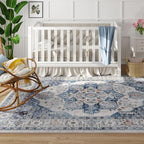 Rugcomf Vintage Medallion Living Room Rug 5'x7' - Machine Washable Area Rug, Non-Slip Low Pile Boho Carpet for Bedroom, Dining Room, Farmhouse, Office, Kids Playroom - Blue