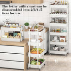 Sywhitta 6-Tier Plastic Rolling Utility Cart with Handle, Multi-Functional Storage Trolley for Office, Living Room, Kitchen, Movable Storage Organizer with Wheels, White