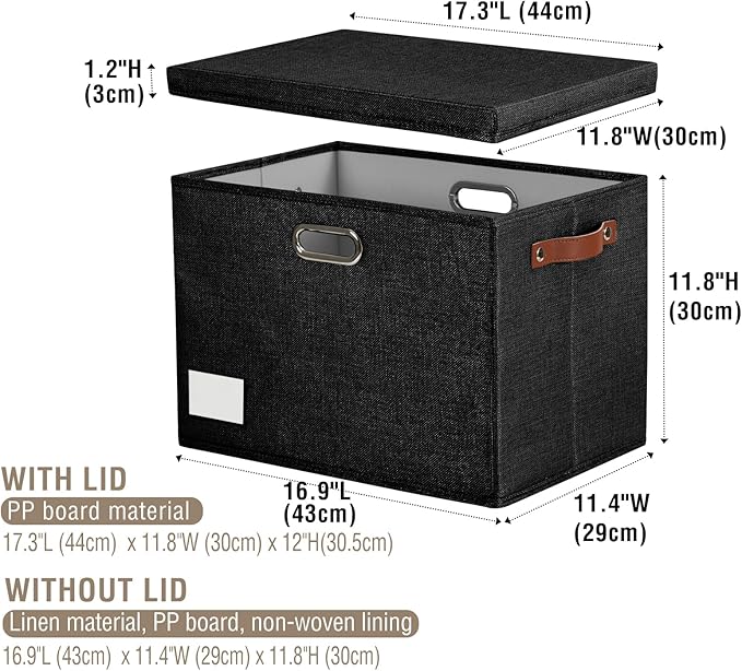 Roobyl 17" Large Collapsible Storage Bins with Lids, Stackable Closet Organizers with PU Handle and Labels, 3-Pack Decorative Fabric Storage Boxes for Home, Bedroom, Closet, Office, Nursery(Black)