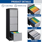 Fesbos File Cabinets - 4 Drawers Vertical 17.8" Deep Lockable Filing Cabinet - Black & Gray Metal Storage Cabinets for Home Office to Hanging Files Letter/Legal/F4/A4 Size