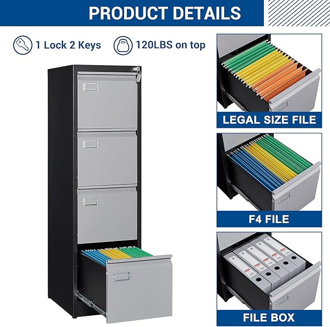 Fesbos File Cabinets - 4 Drawers Vertical 17.8" Deep Lockable Filing Cabinet - Black & Gray Metal Storage Cabinets for Home Office to Hanging Files Letter/Legal/F4/A4 Size