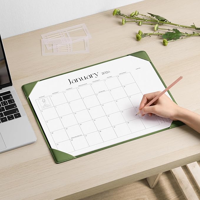 Cabbrix Desk Calendar 2026 with Desktop Mat, Simplified Medium Desk Pad Calendar 15" x 12" January 2026 to June 2027, Desk Blotter Calendar for Home School and Office (Green)