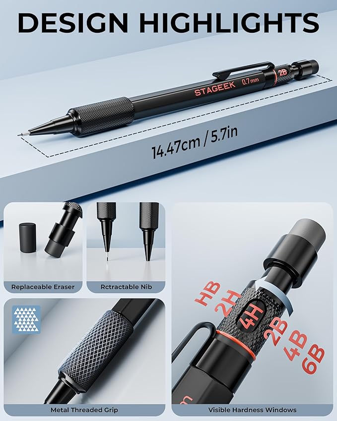 STAGEEK 0.9mm Mechanical Pencil Set, 3PCS Metal Mechanical Pencils 0.9mm with 6 Tubes HB & 2B Lead Refills,Erasers, Weatherproof Artist Pencils with Case for Outdoor Writing Drafting Drawing