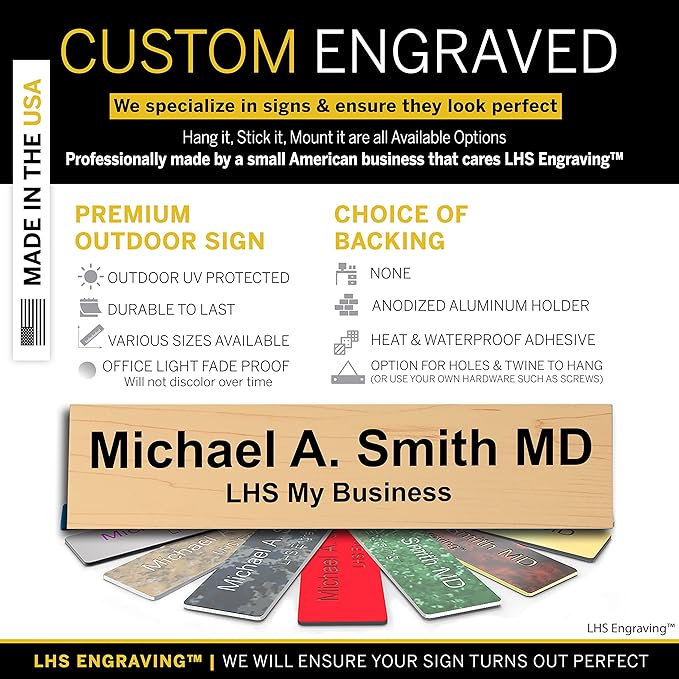 Custom Name Plate with Choice of Mounting for Walls, Doors, Cubicles, Hanging and More - Personalized Cashew Plastic Black Letters - USA Made 2x12 - N6