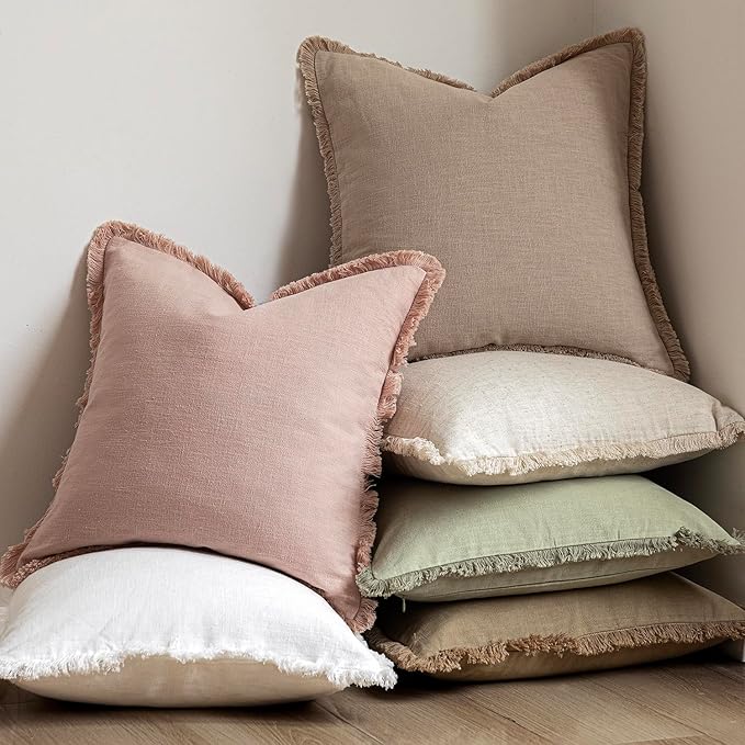 Foindtower Set of 2 Decorative Linen Fringe Throw Pillow Covers Boho Farmhouse Cushion Cover with Tassels Soft Accent Pillowcase for Couch Chair Sofa Bed Living Room Home Decor,22×22 Inch,Light Pink
