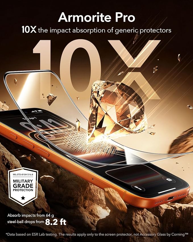 ESR Accessory Glass by Corning™ 3 Pack 9H+ Glass for iPhone 17 Pro Screen Protector, with AR Anti-Reflective Technology, Military Grade Shatterproof & Durable with UltraFit Tray