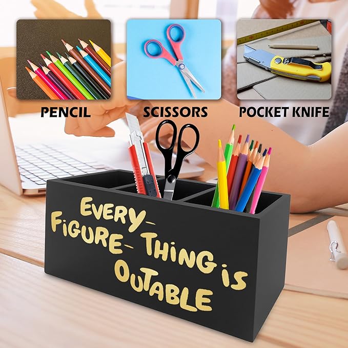 QZQE Everything Is Figureoutable Pen Pencil Holder Organizer for Desk, Inspirational Motivational Wooden Box Signs Decorations for Home Office Desk Tabletop, Inspirational Gifts