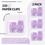 NEEWAY Colorful Paper Clips Assorted Sizes, Small and Large Paperclips, 210 Count, 3 Pack of 70 (Purple)