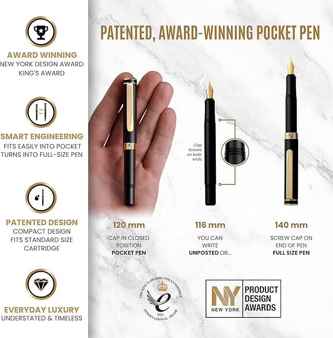 Scriveiner Luxury EDC Fountain Pen (Medium), Stunning Luxury Black Pocket Pen, Real Gold Plating, Schmidt Gilded Nib, Converter, Best Writing Gift Set for Men & Women, Nice Fancy Office Designer Pen